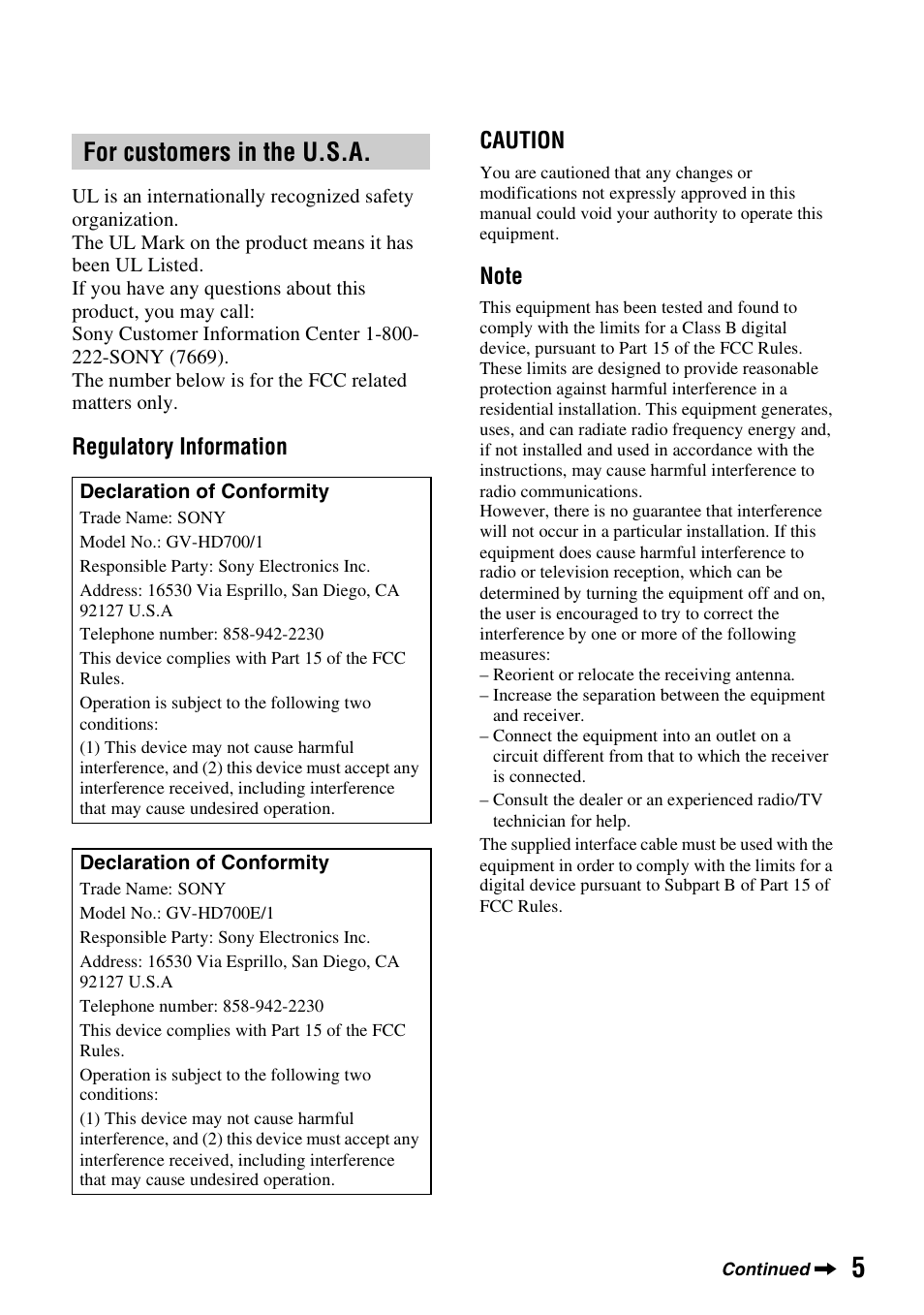 For customers in the u.s.a | Sony GV-HD700E User Manual | Page 5 / 112