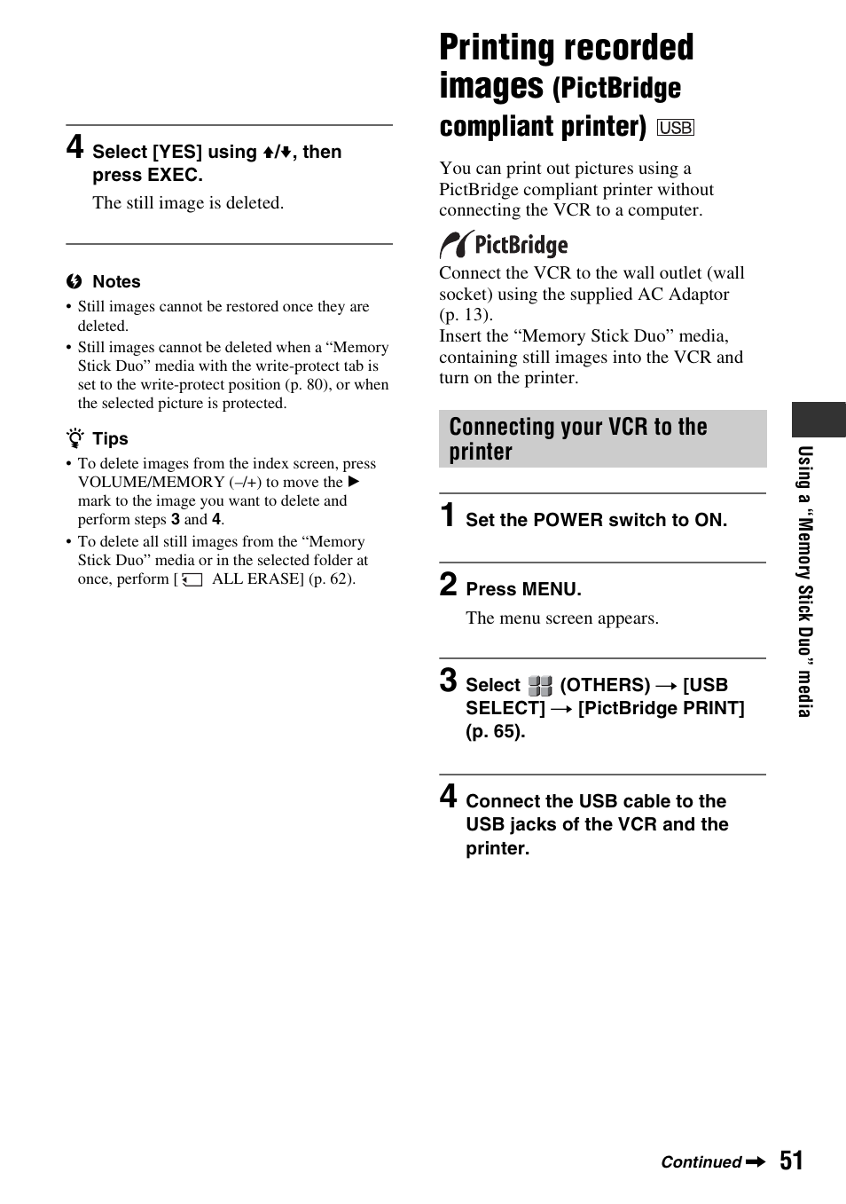 Printing recorded images (pictbridge, Compliant printer), Printing recorded images | Pictbridge compliant printer), Connecting your vcr to the printer | Sony GV-HD700E User Manual | Page 51 / 112