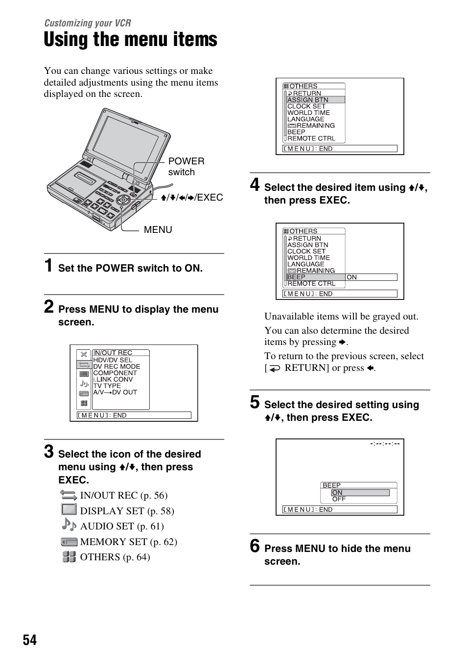 Customizing your vcr, Using the menu items | Sony GV-HD700E User Manual | Page 54 / 112