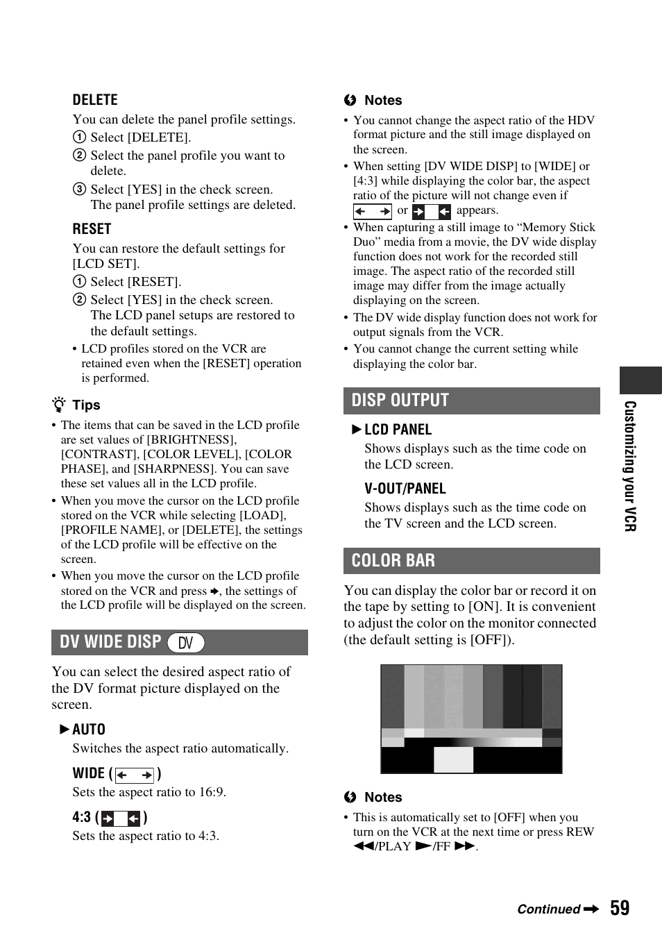 P. 59), Disp (p. 59, Dv wide disp disp output color bar | Sony GV-HD700E User Manual | Page 59 / 112