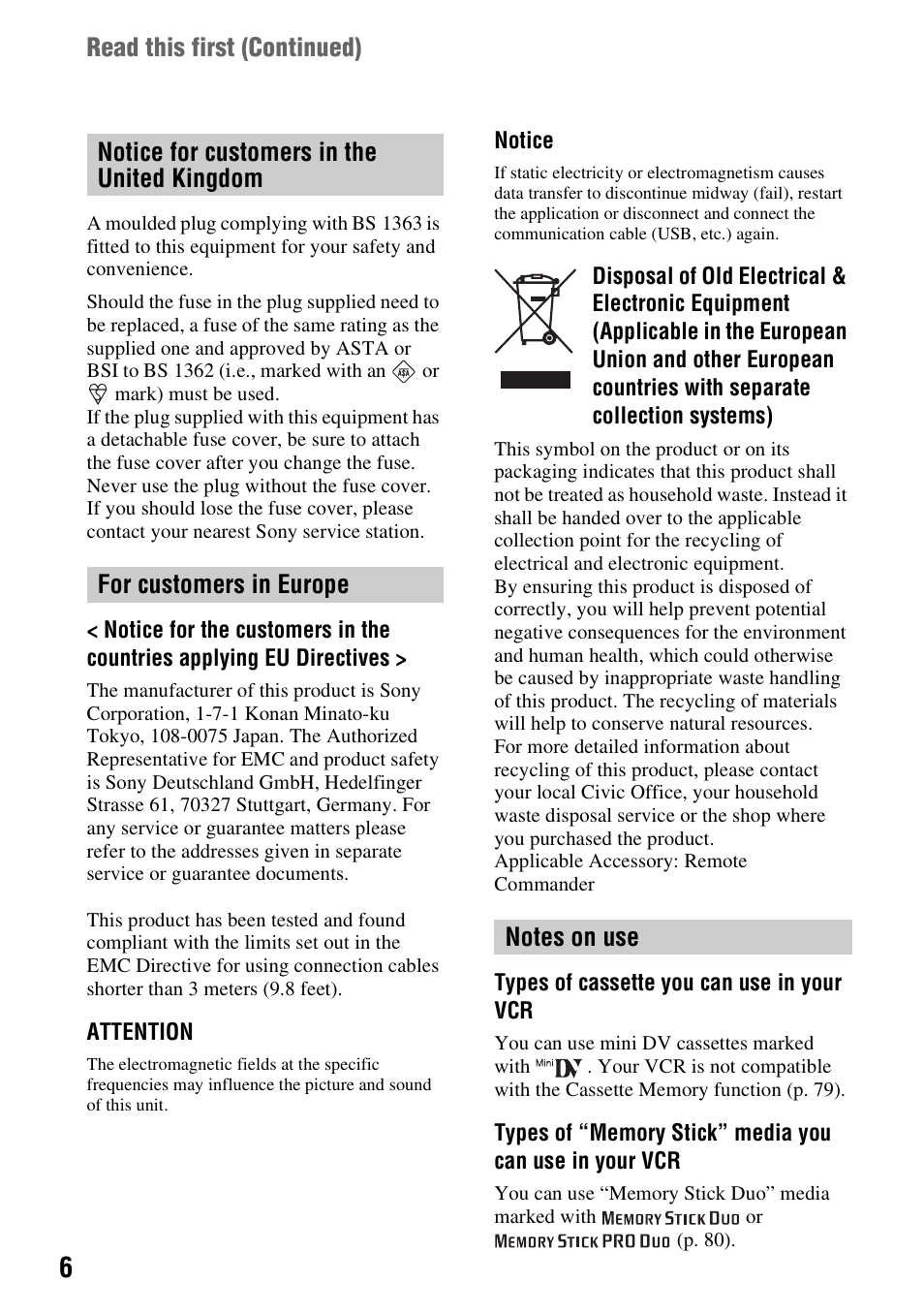 Sony GV-HD700E User Manual | Page 6 / 112