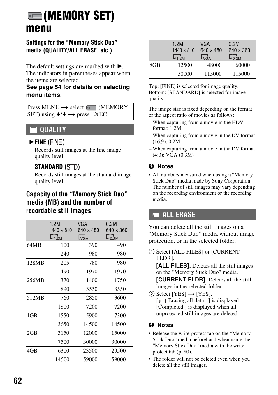 Memory set) menu, Settings for the “memory stick duo, Media (quality/all erase, etc.) | P. 62, P. 62), Quality, All erase | Sony GV-HD700E User Manual | Page 62 / 112