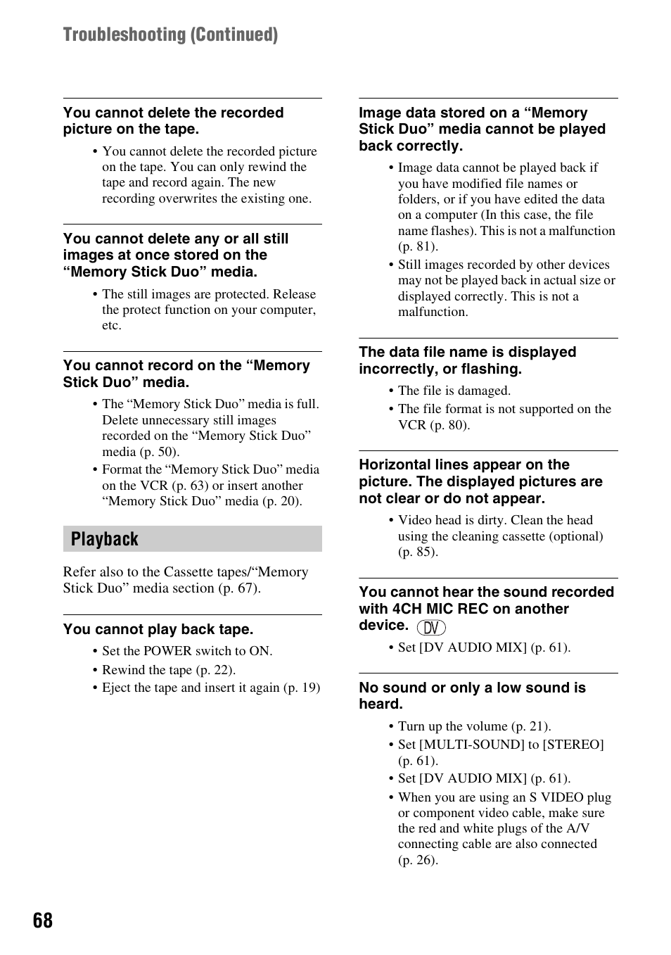 Playback, Playback troubleshooting (continued) | Sony GV-HD700E User Manual | Page 68 / 112