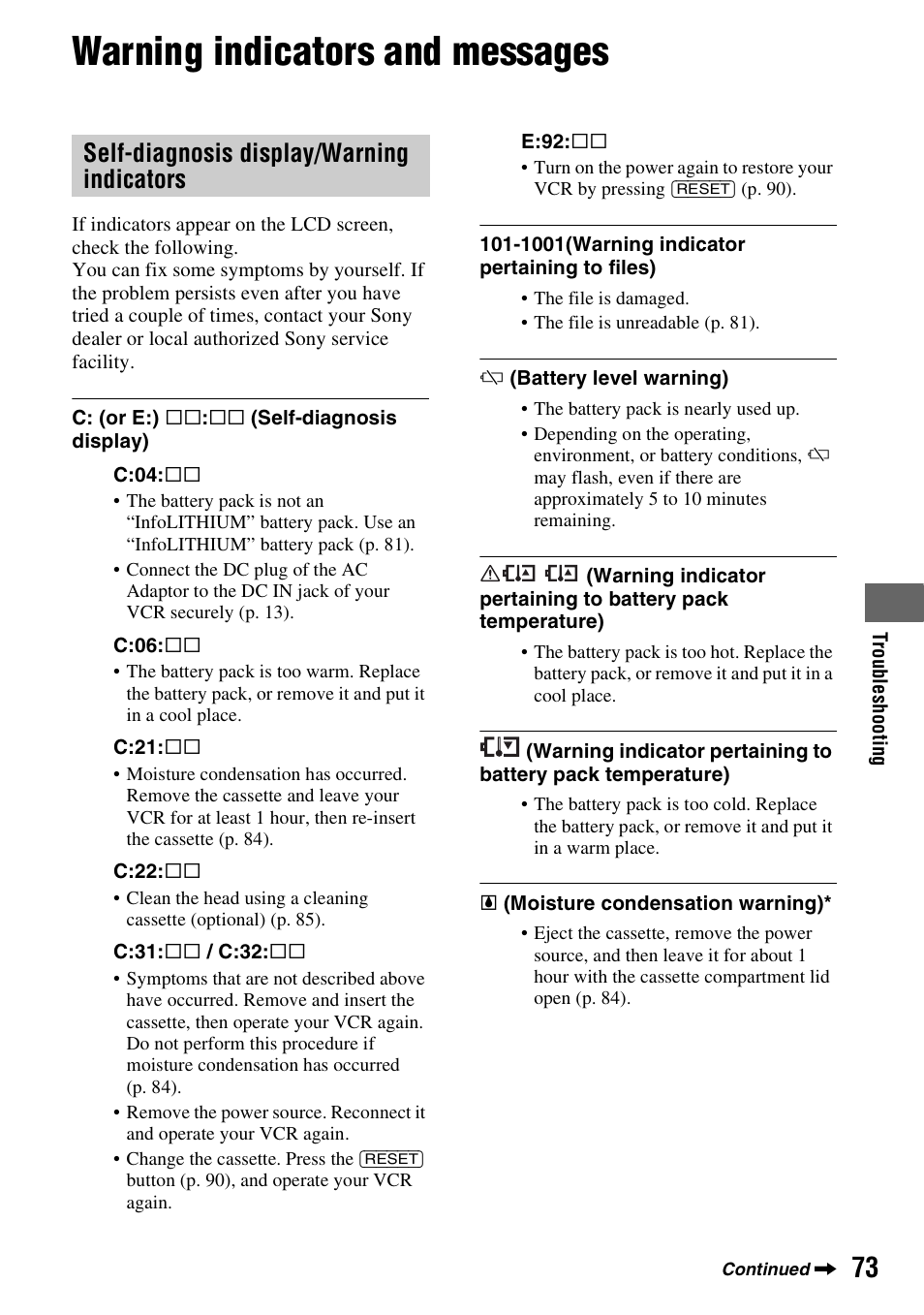 Warning indicators and messages, Self-diagnosis display/warning indicators | Sony GV-HD700E User Manual | Page 73 / 112