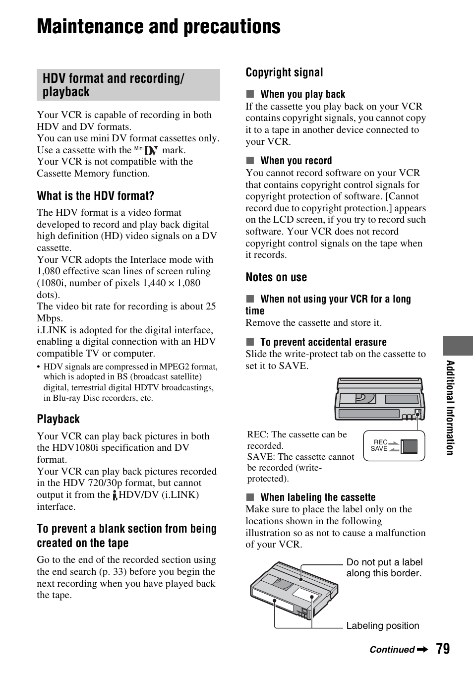 Maintenance and precautions, Hdv format and recording/ playback, Hdv format and recording/playback | P. 79), P. 79 | Sony GV-HD700E User Manual | Page 79 / 112