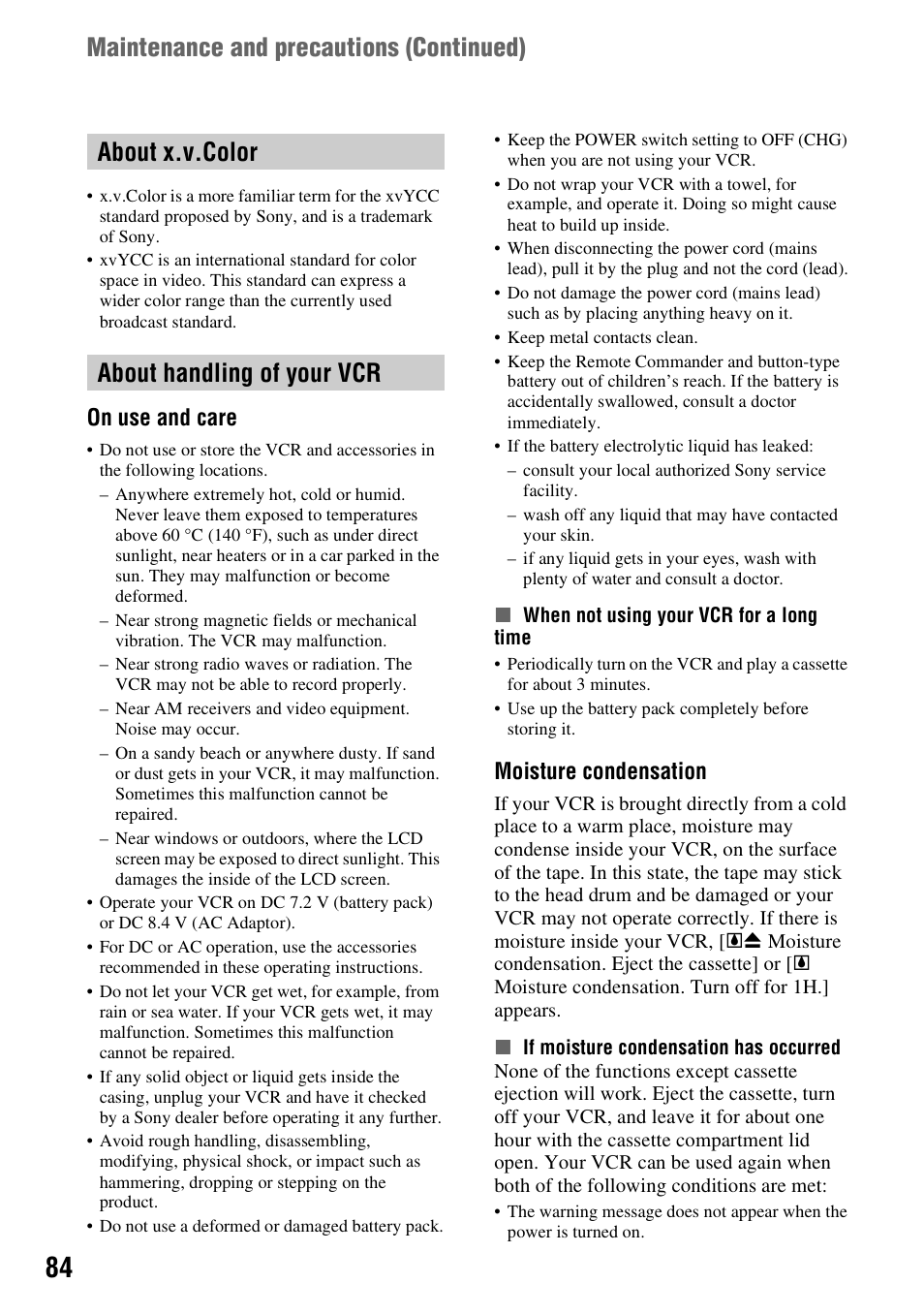 About x.v.color, About handling of your vcr, About x.v.color about handling of your vcr | P. 84), P. 84, E (p. 84), On use and care, Moisture condensation | Sony GV-HD700E User Manual | Page 84 / 112