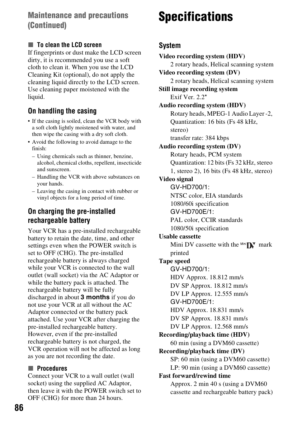 Specifications, Maintenance and precautions (continued) | Sony GV-HD700E User Manual | Page 86 / 112