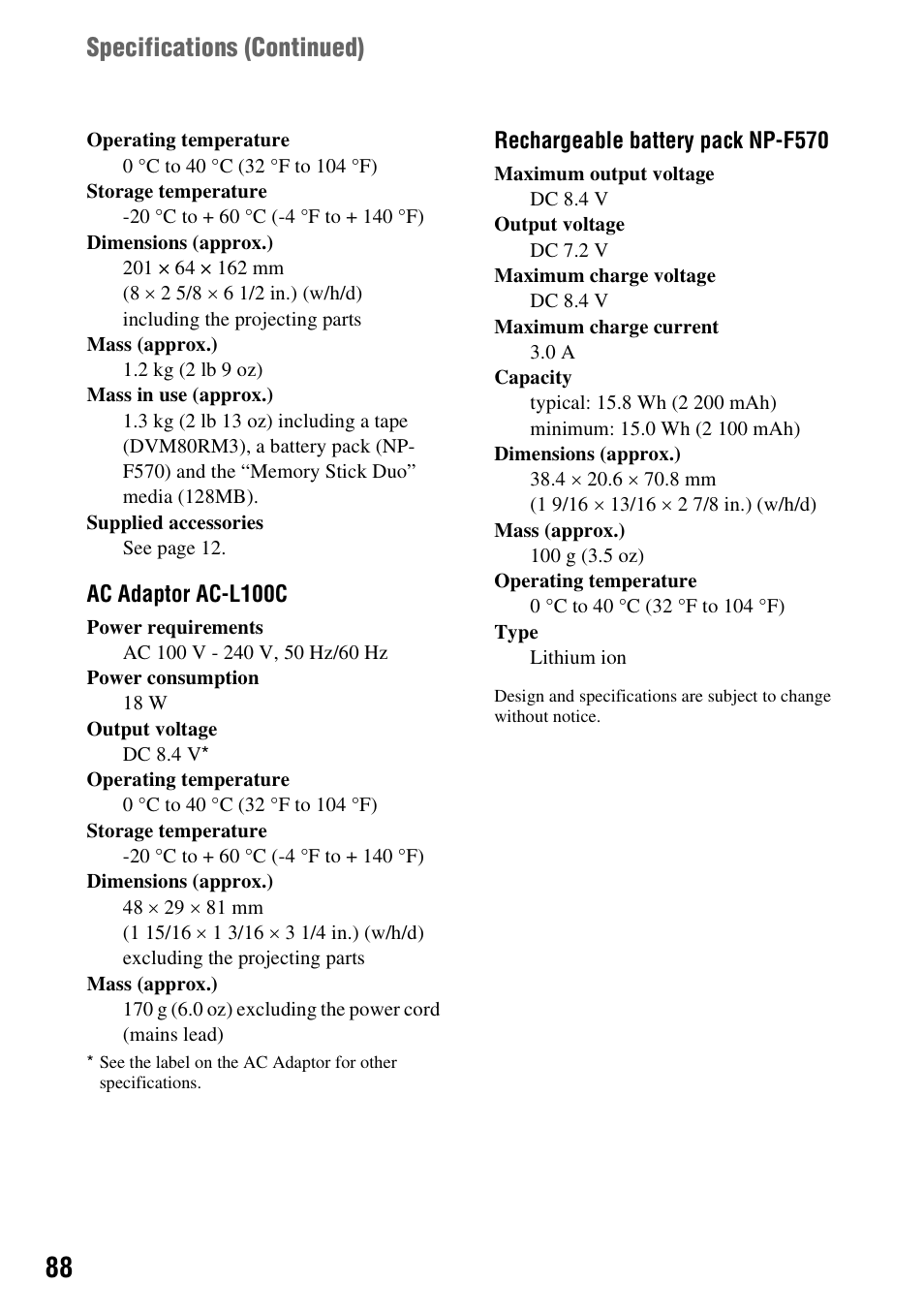 Specifications (continued) | Sony GV-HD700E User Manual | Page 88 / 112