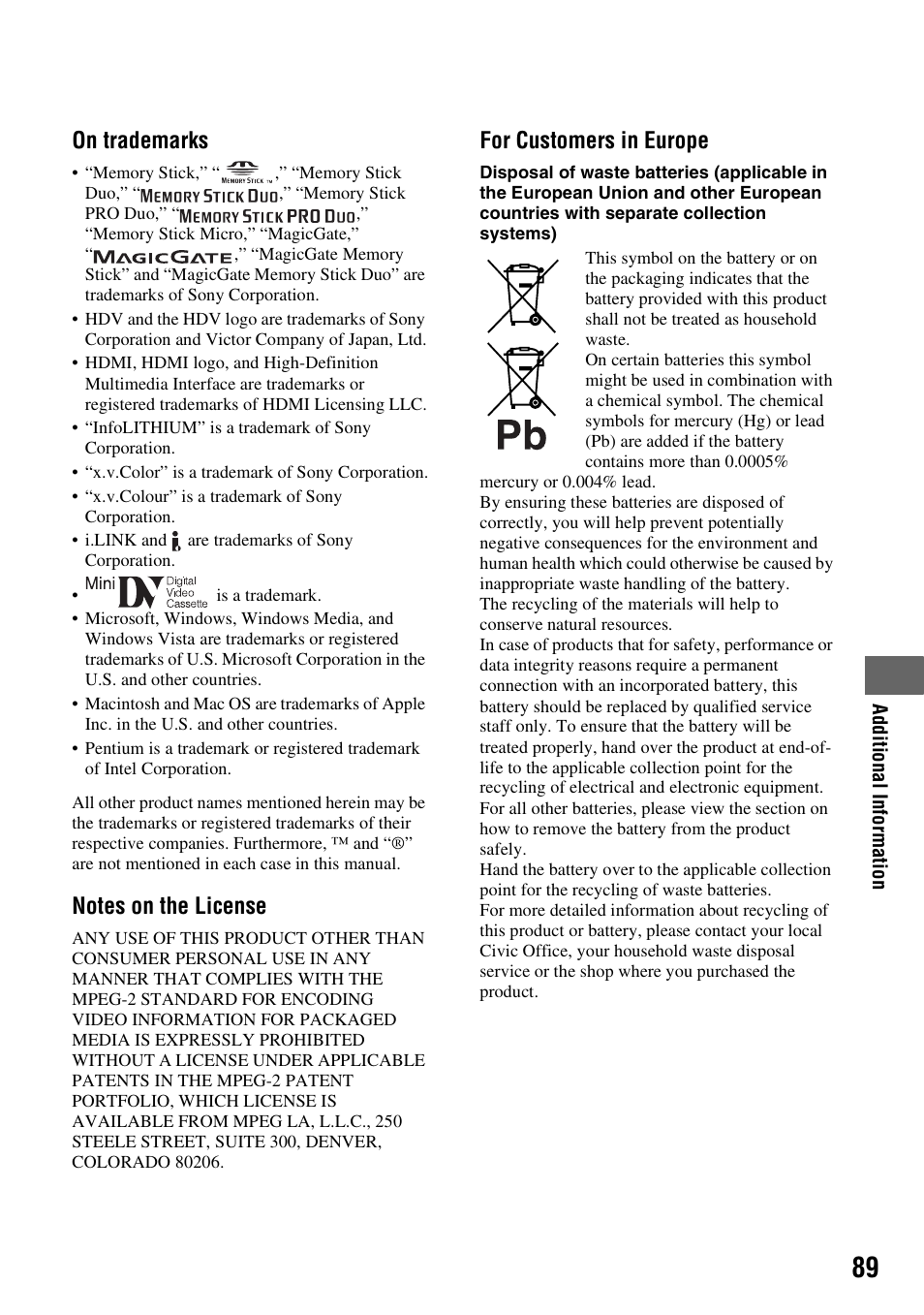 On trademarks, For customers in europe | Sony GV-HD700E User Manual | Page 89 / 112