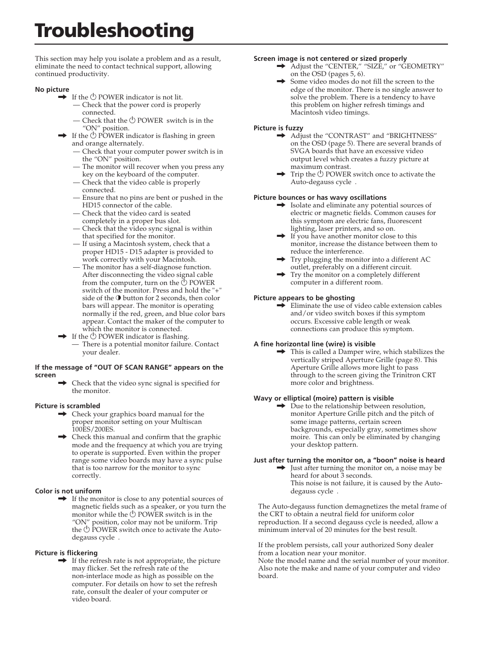 Troubleshooting | Sony CPD-100ES User Manual | Page 10 / 44