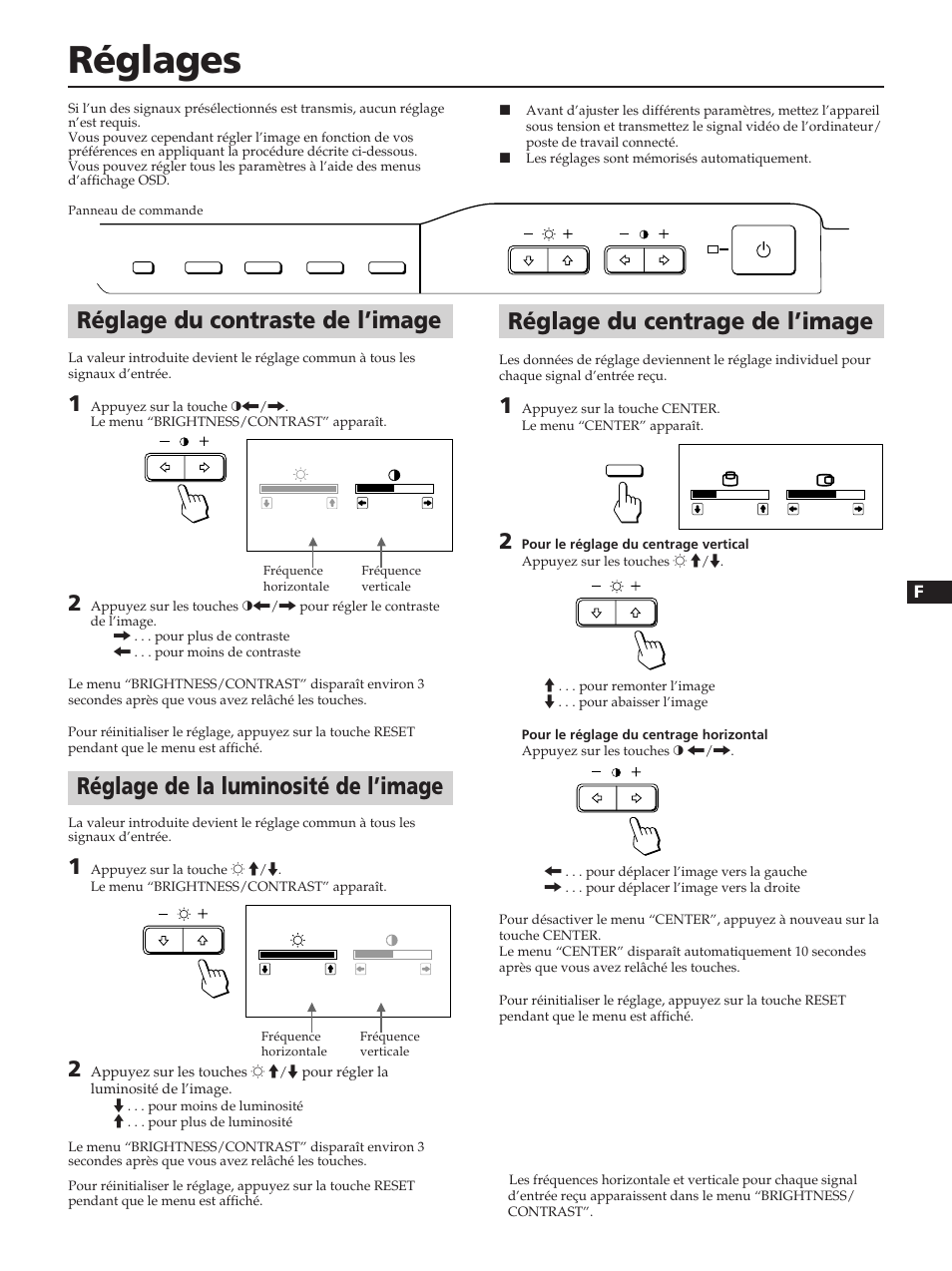 Réglages, Réglage du centrage de l’image, Réglage du contraste de l’image | Réglage de la luminosité de l’image | Sony CPD-100ES User Manual | Page 13 / 44