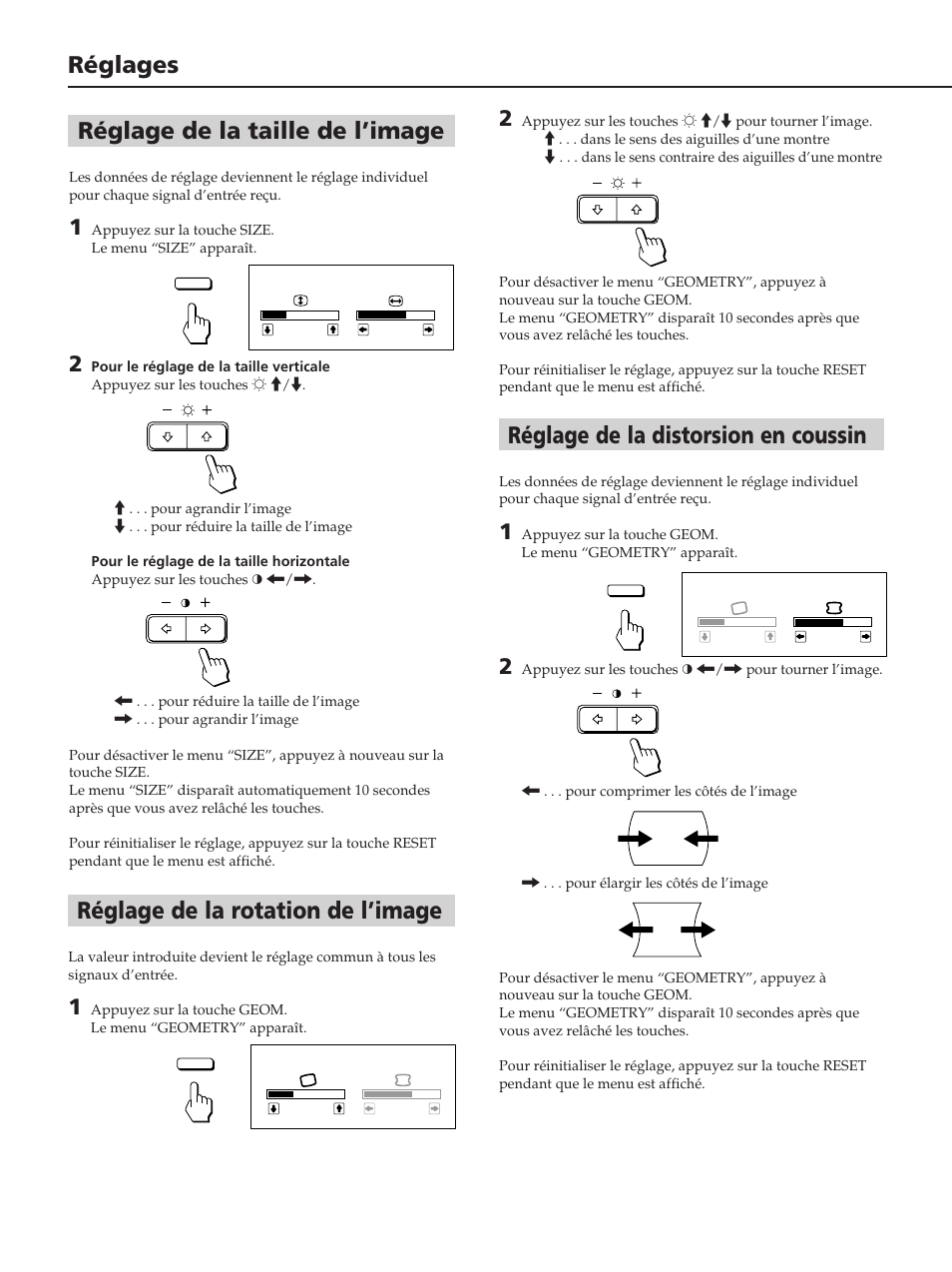 Réglage de la distorsion en coussin, Réglage de la taille de l’image, Réglages réglage de la rotation de l’image | Sony CPD-100ES User Manual | Page 14 / 44