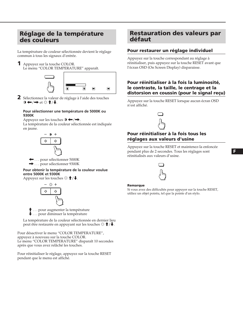 Réglage de la température des couleurs, Restauration des valeurs par défaut | Sony CPD-100ES User Manual | Page 15 / 44