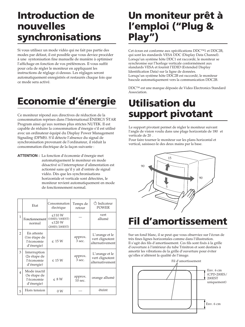 Introduction de nouvelles synchronisations, Un moniteur prêt à l’emploi (“plug & play”), Economie d’énergie | Utilisation du support pivotant, Fil d’amortissement | Sony CPD-100ES User Manual | Page 16 / 44