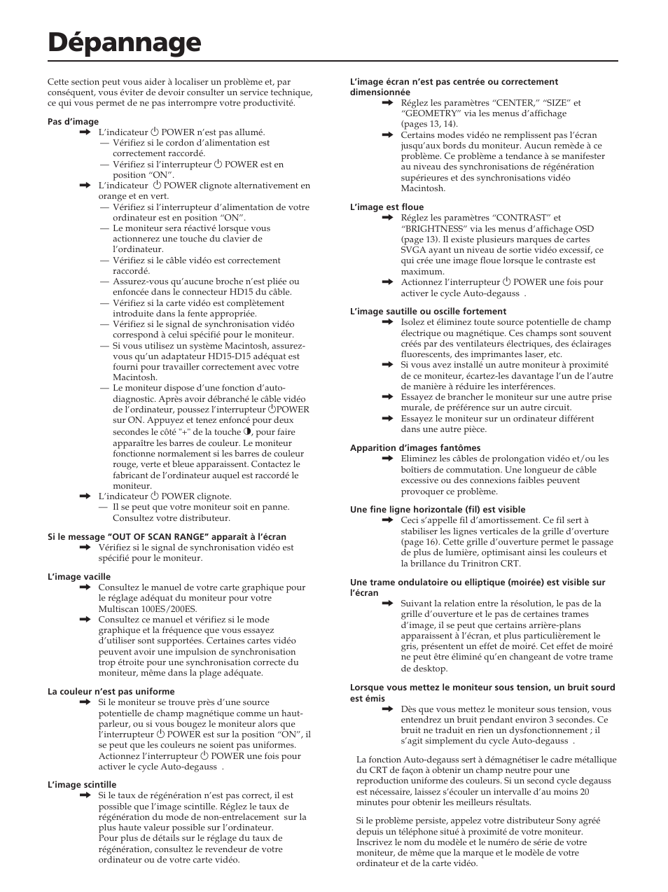 Dépannage | Sony CPD-100ES User Manual | Page 18 / 44