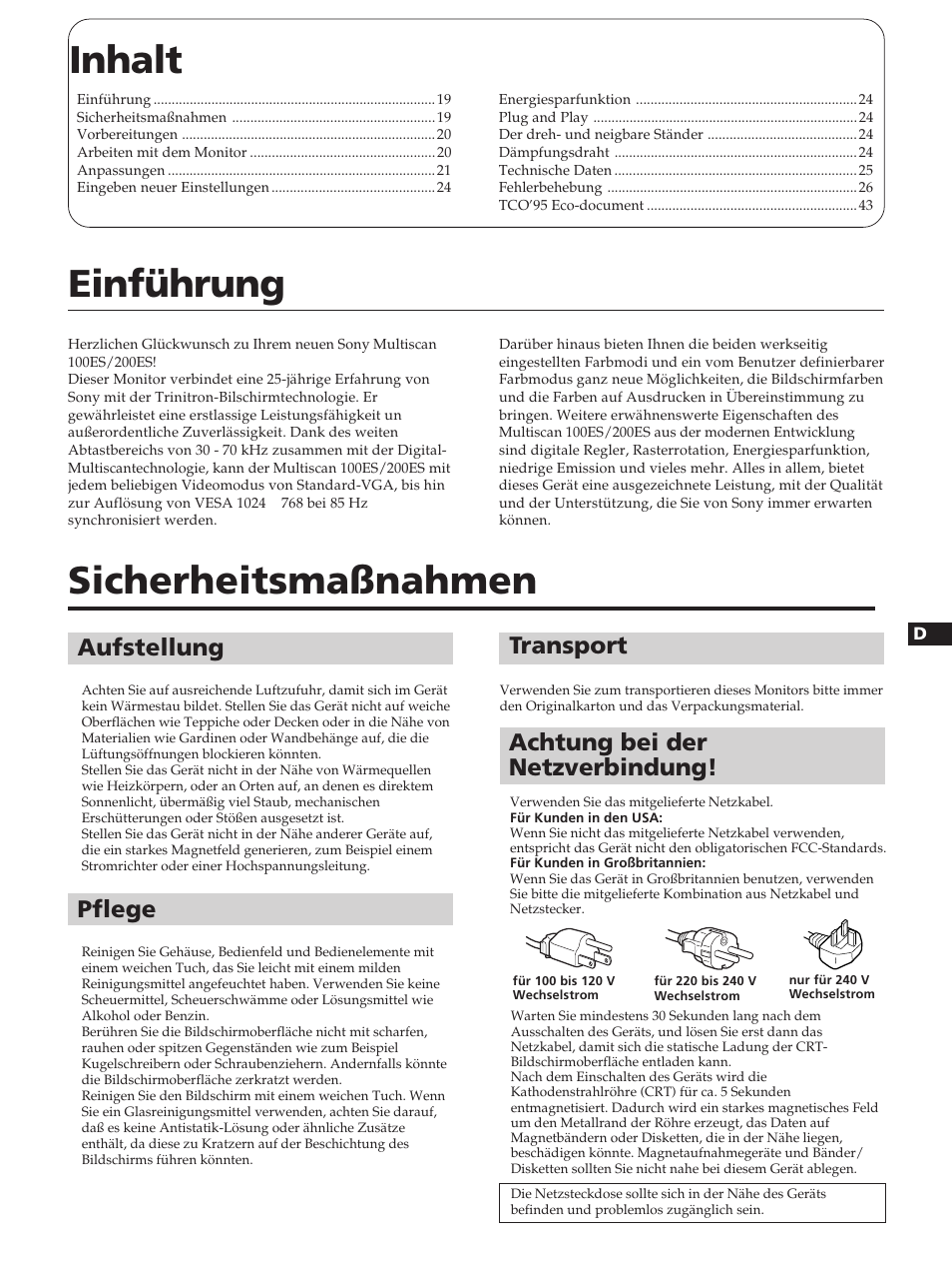 Inhalt einführung, Sicherheitsmaßnahmen, Aufstellung | Achtung bei der netzverbindung, Pflege, Transport | Sony CPD-100ES User Manual | Page 19 / 44