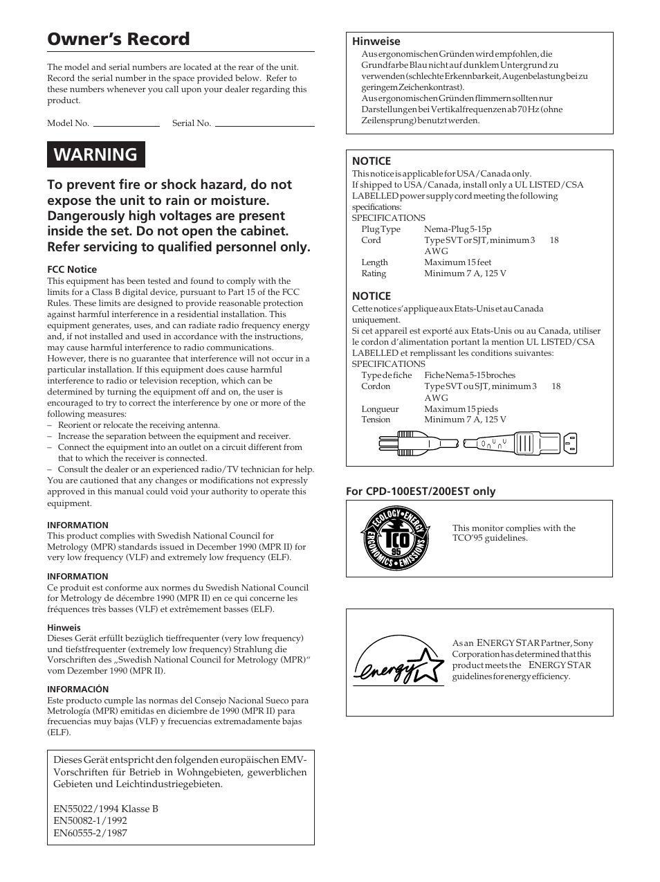 Owner’s record, Warning | Sony CPD-100ES User Manual | Page 2 / 44