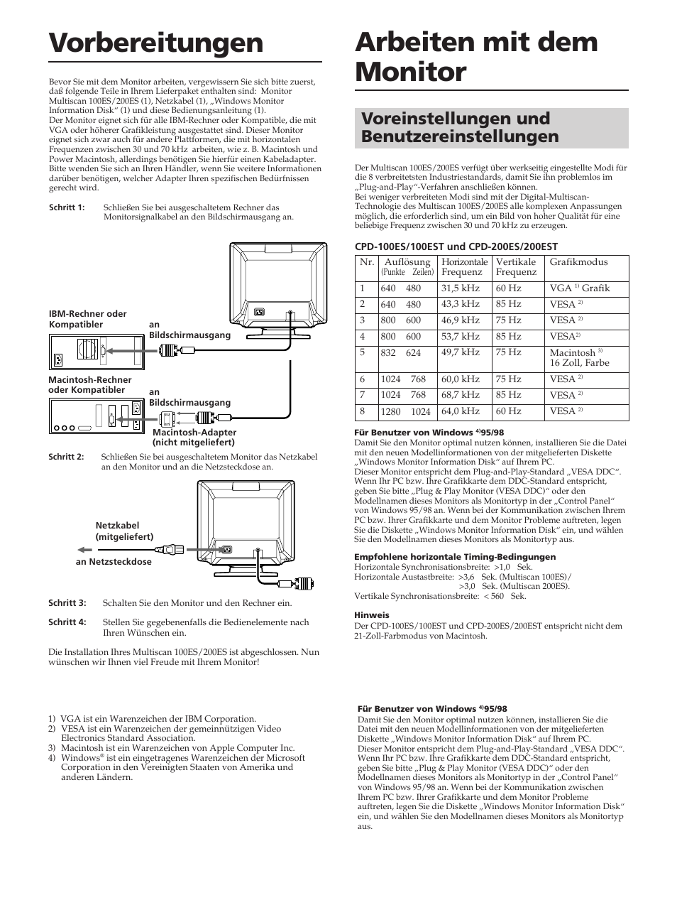 Vorbereitungen arbeiten mit dem monitor, Voreinstellungen und benutzereinstellungen | Sony CPD-100ES User Manual | Page 20 / 44