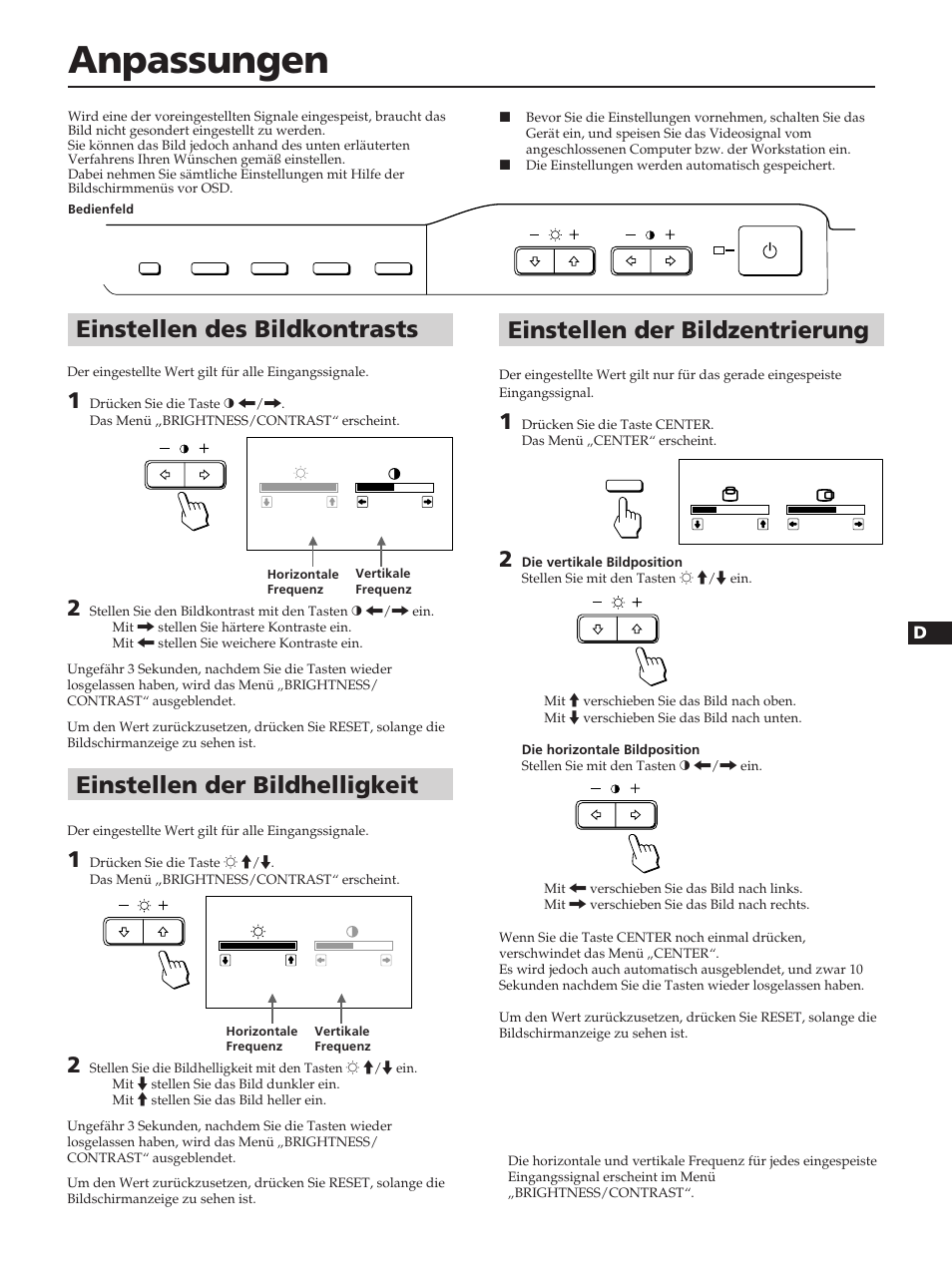 Anpassungen, Einstellen der bildhelligkeit, Einstellen der bildzentrierung | Einstellen des bildkontrasts | Sony CPD-100ES User Manual | Page 21 / 44