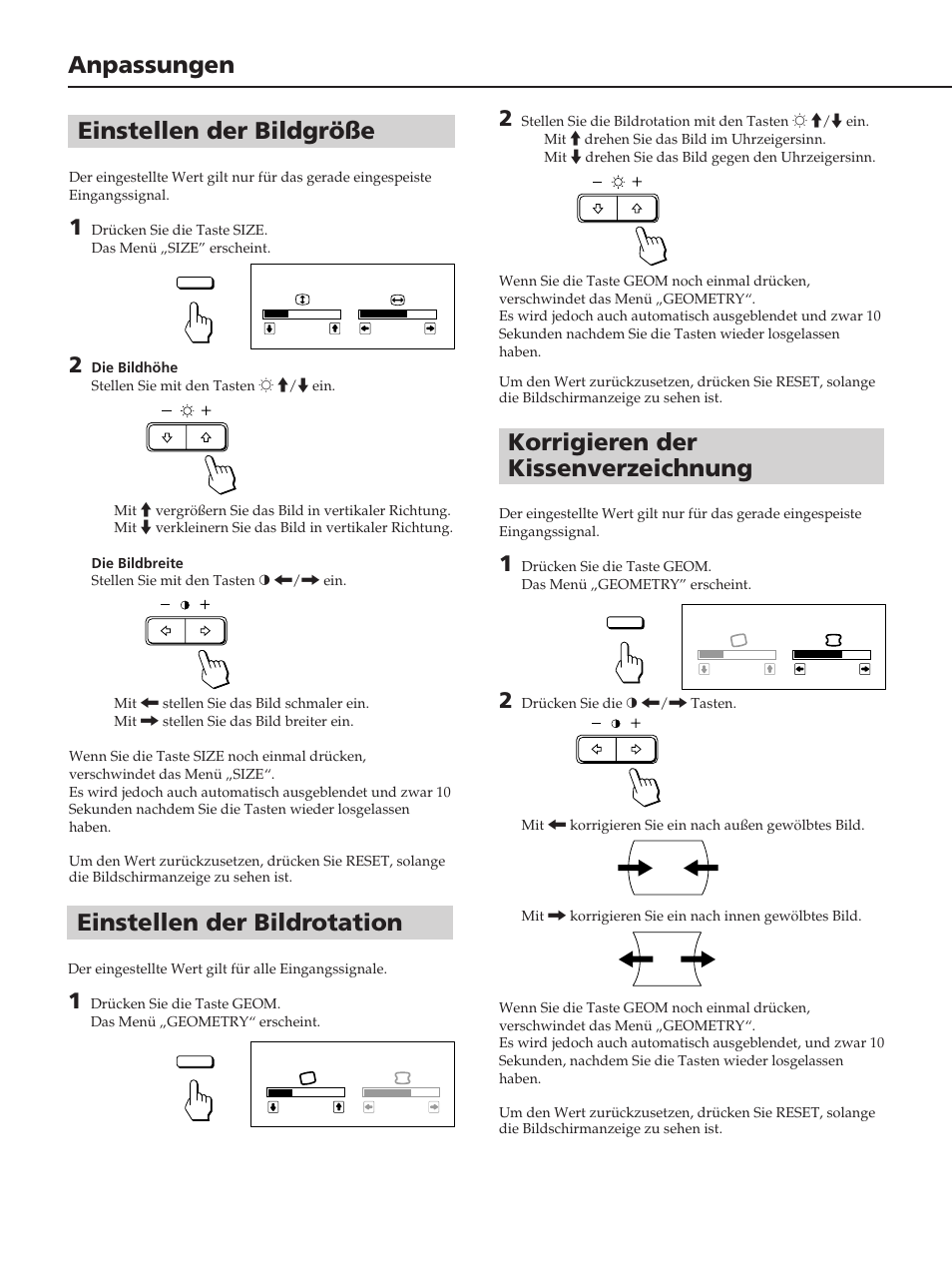 Korrigieren der kissenverzeichnung, Einstellen der bildgröße, Anpassungen einstellen der bildrotation | Sony CPD-100ES User Manual | Page 22 / 44