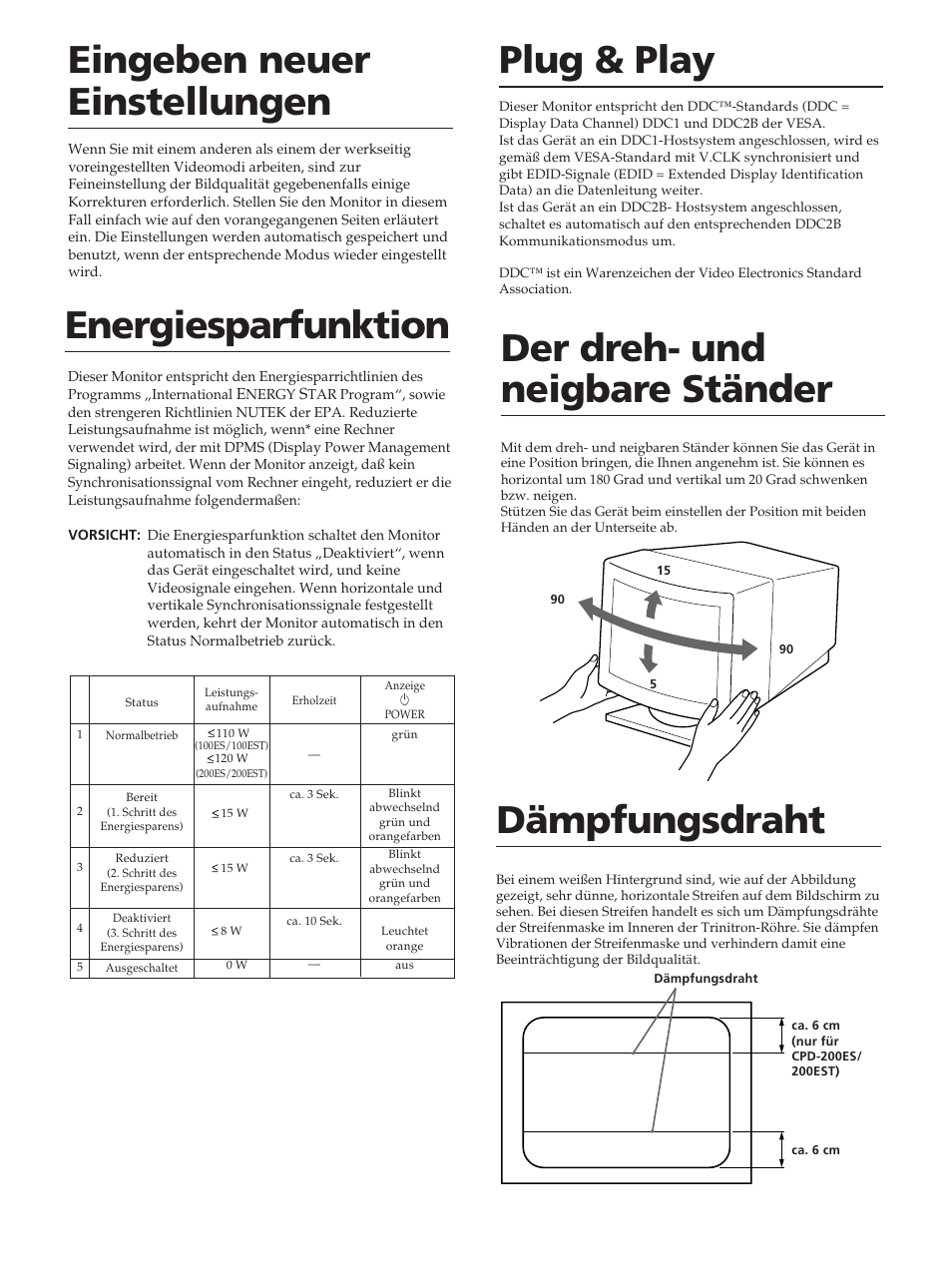 Plug & play eingeben neuer einstellungen, Energiesparfunktion, Der dreh- und neigbare ständer | Dämpfungsdraht | Sony CPD-100ES User Manual | Page 24 / 44