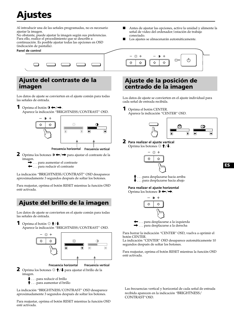 Ajustes, Ajuste del brillo de la imagen, Ajuste del contraste de la imagen | Ajuste de la posición de centrado de la imagen | Sony CPD-100ES User Manual | Page 29 / 44