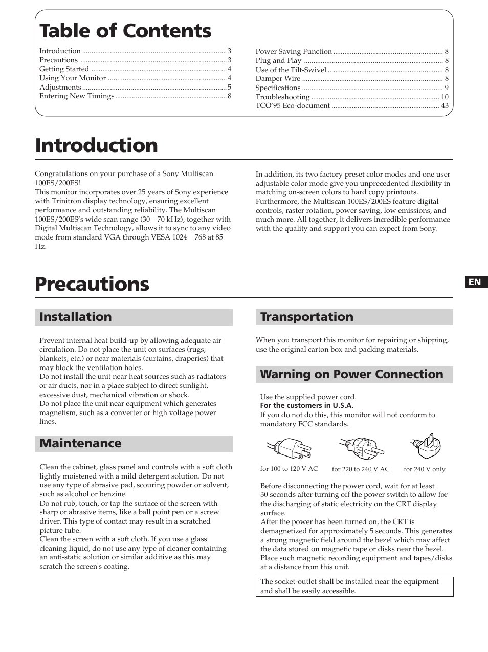 Table of contents introduction, Precautions, Installation | Maintenance, Warning on power connection, Transportation | Sony CPD-100ES User Manual | Page 3 / 44