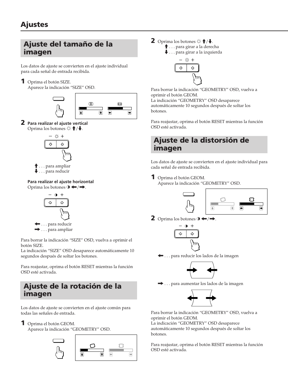 Ajuste de la distorsión de imagen, Ajuste del tamaño de la imagen, Ajuste de la rotación de la imagen | Ajustes | Sony CPD-100ES User Manual | Page 30 / 44