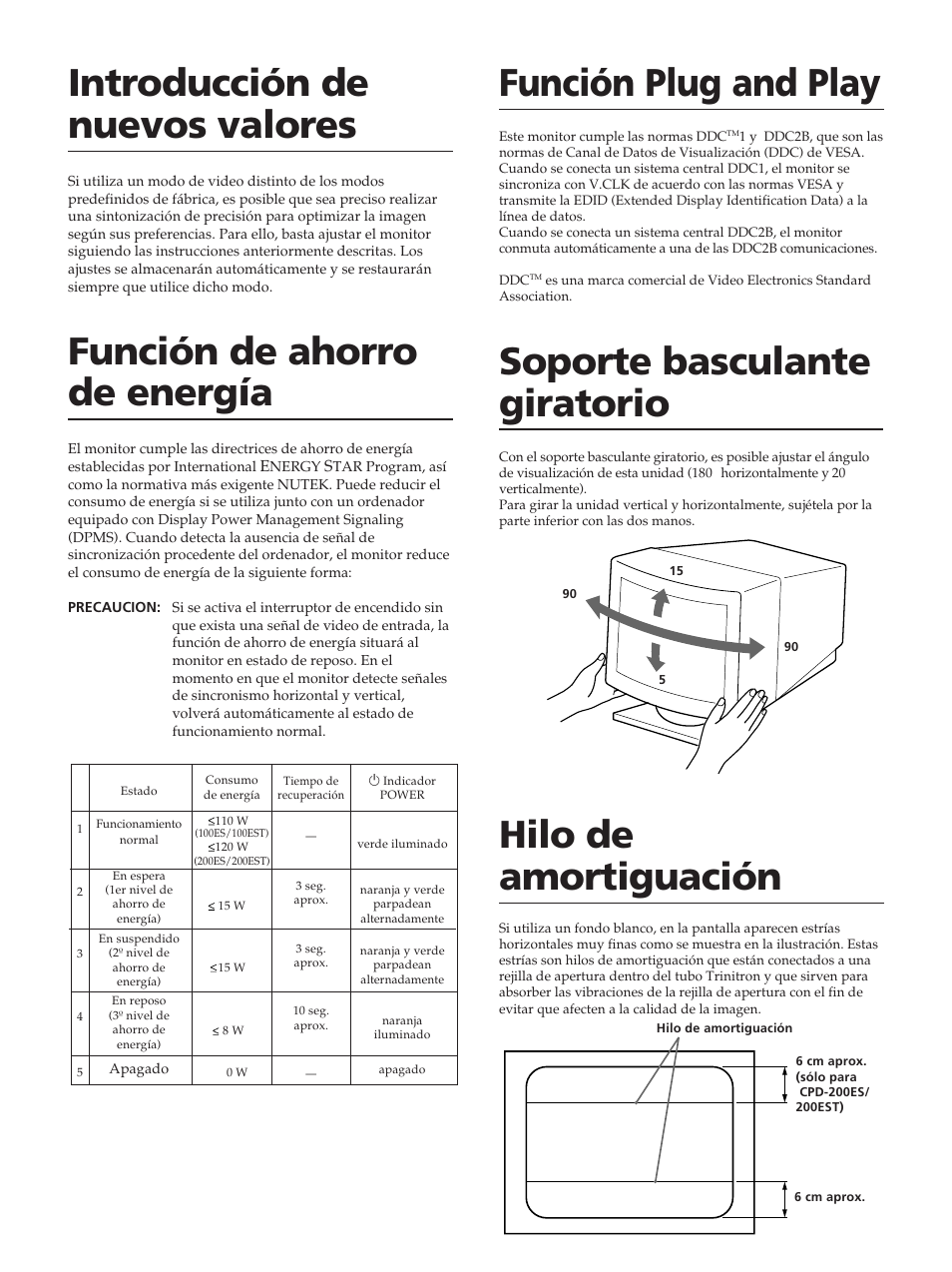 Introducción de nuevos valores, Función de ahorro de energía, Función plug and play | Soporte basculante giratorio, Hilo de amortiguación | Sony CPD-100ES User Manual | Page 32 / 44