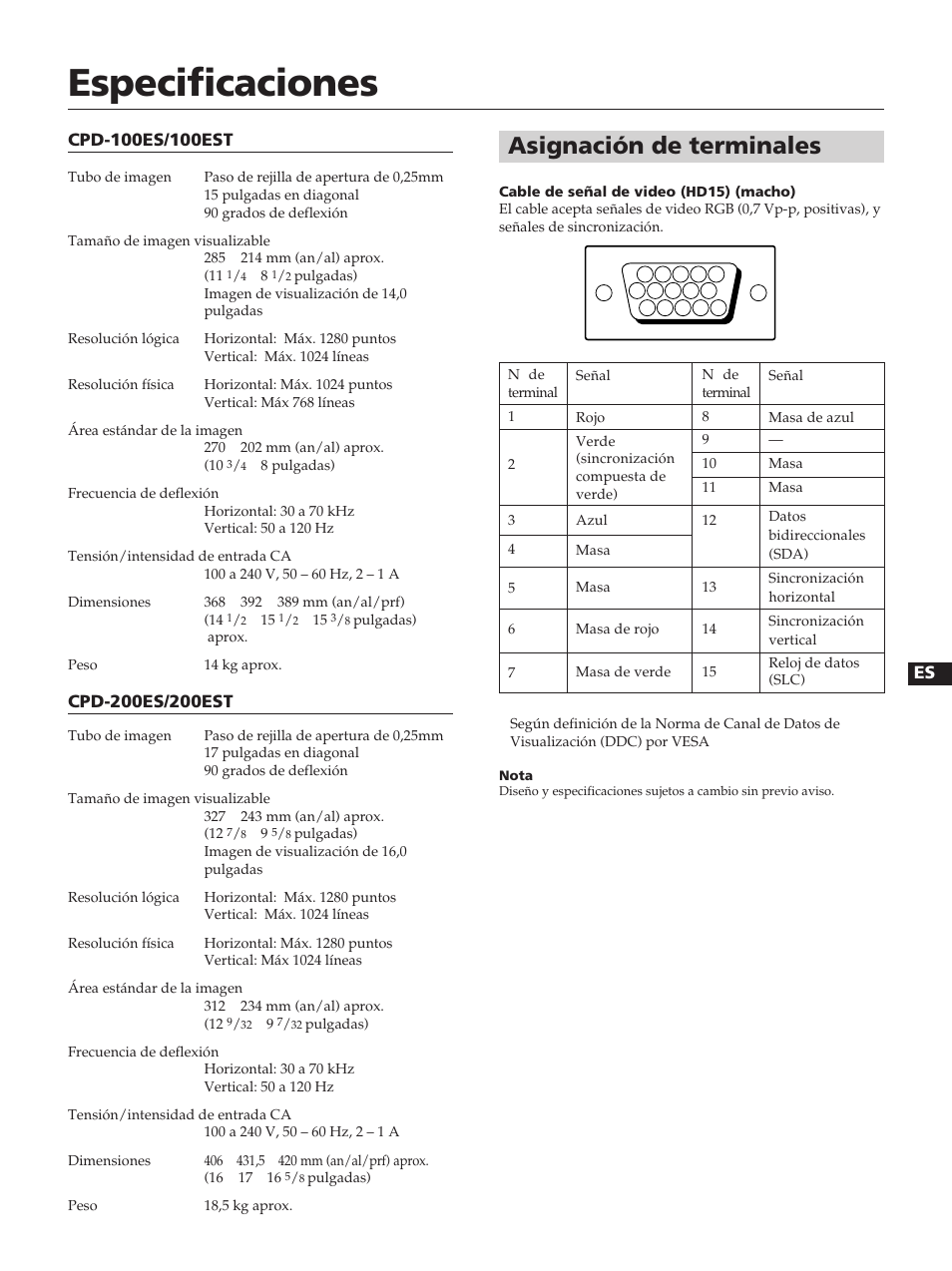Especificaciones, Asignación de terminales | Sony CPD-100ES User Manual | Page 33 / 44