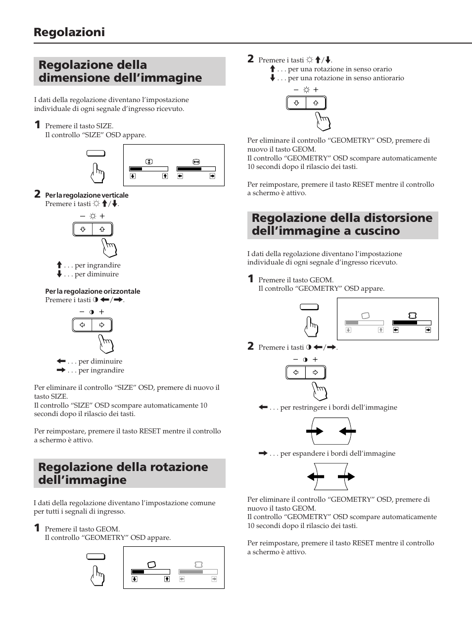 Regolazione della rotazione dell’immagine, Regolazioni, Regolazione della dimensione dell’immagine | Sony CPD-100ES User Manual | Page 38 / 44