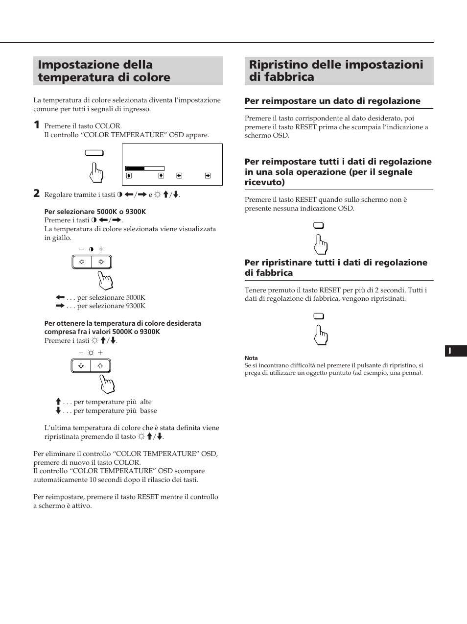 Impostazione della temperatura di colore, Ripristino delle impostazioni di fabbrica | Sony CPD-100ES User Manual | Page 39 / 44