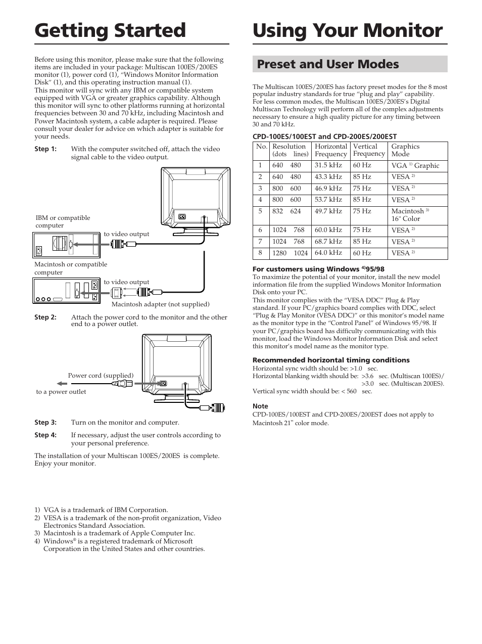 Using your monitor, Getting started, Preset and user modes | Sony CPD-100ES User Manual | Page 4 / 44