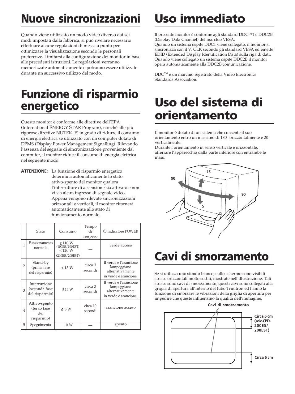 Uso del sistema di orientamento, Cavi di smorzamento | Sony CPD-100ES User Manual | Page 40 / 44