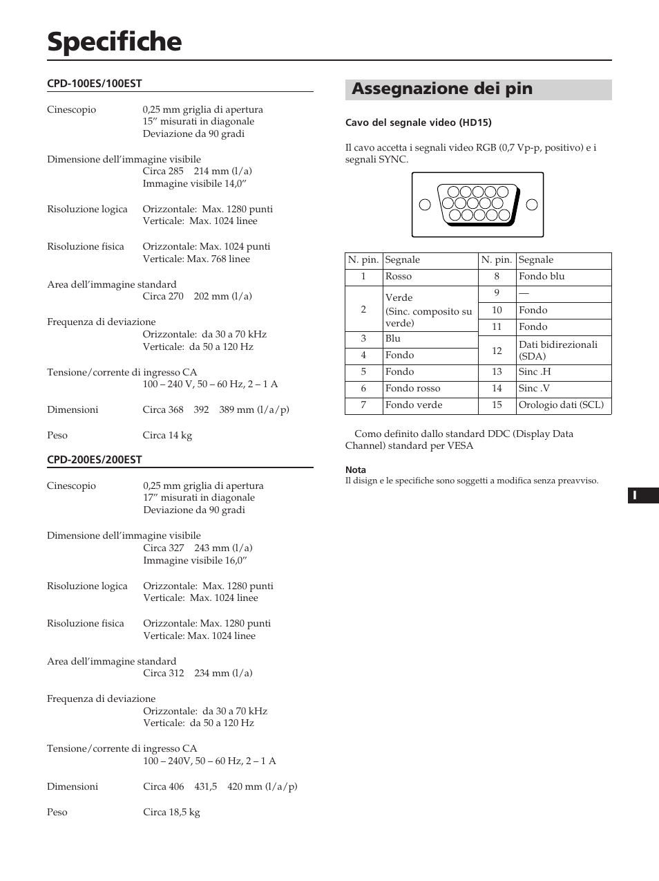 Specifiche, Assegnazione dei pin | Sony CPD-100ES User Manual | Page 41 / 44