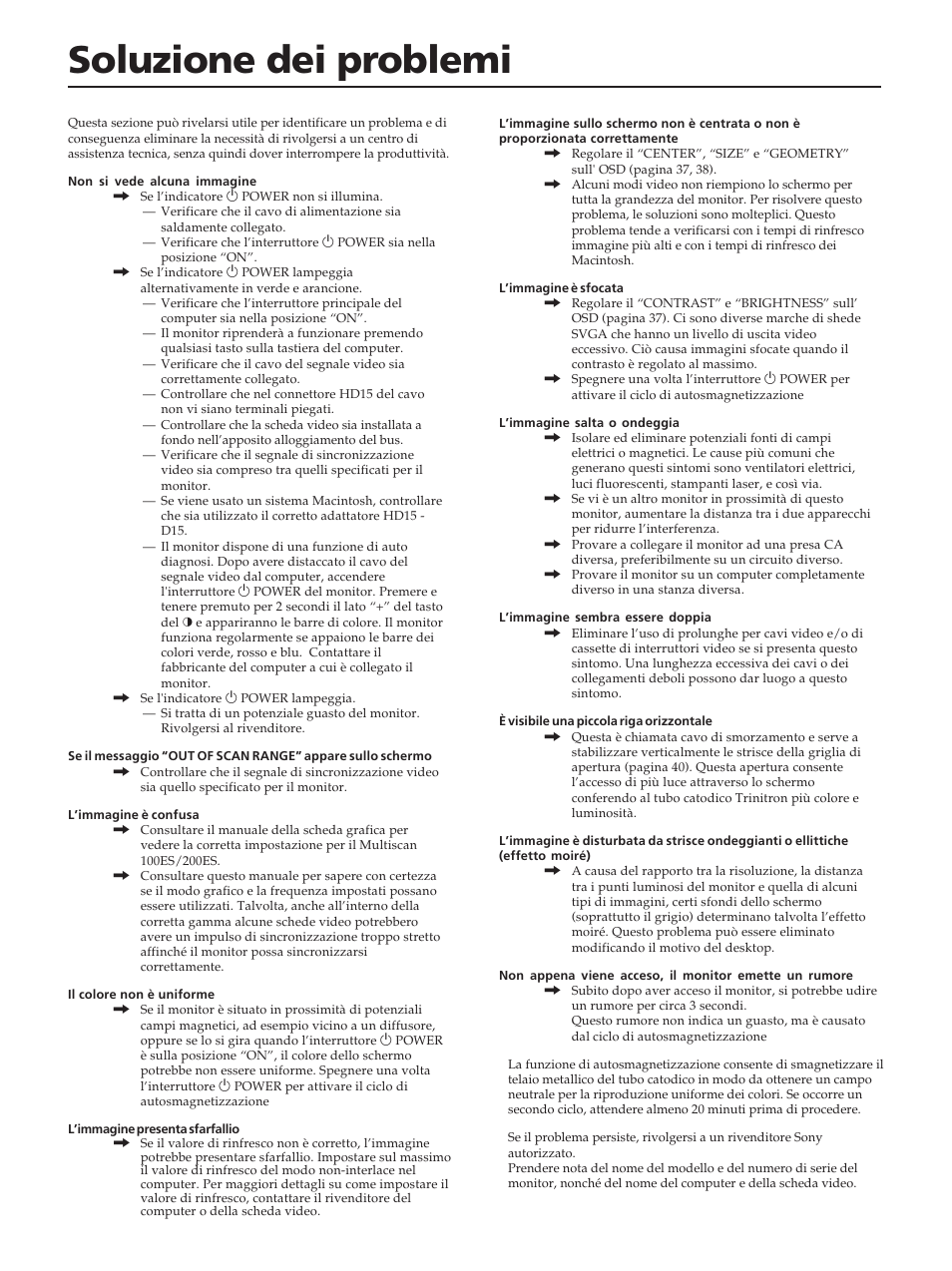 Soluzione dei problemi | Sony CPD-100ES User Manual | Page 42 / 44