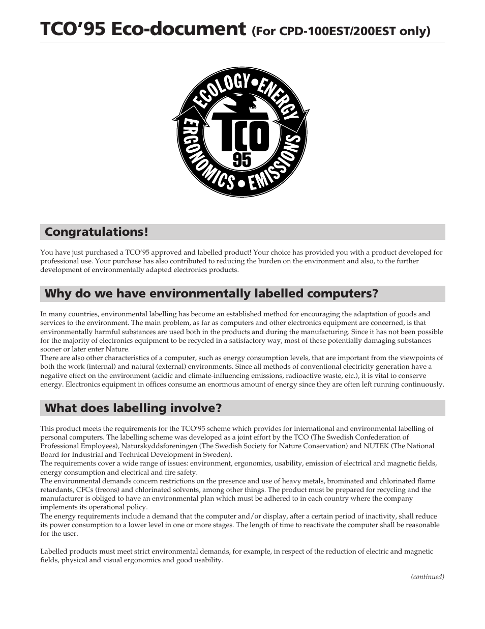 Tco’95 eco-document | Sony CPD-100ES User Manual | Page 43 / 44