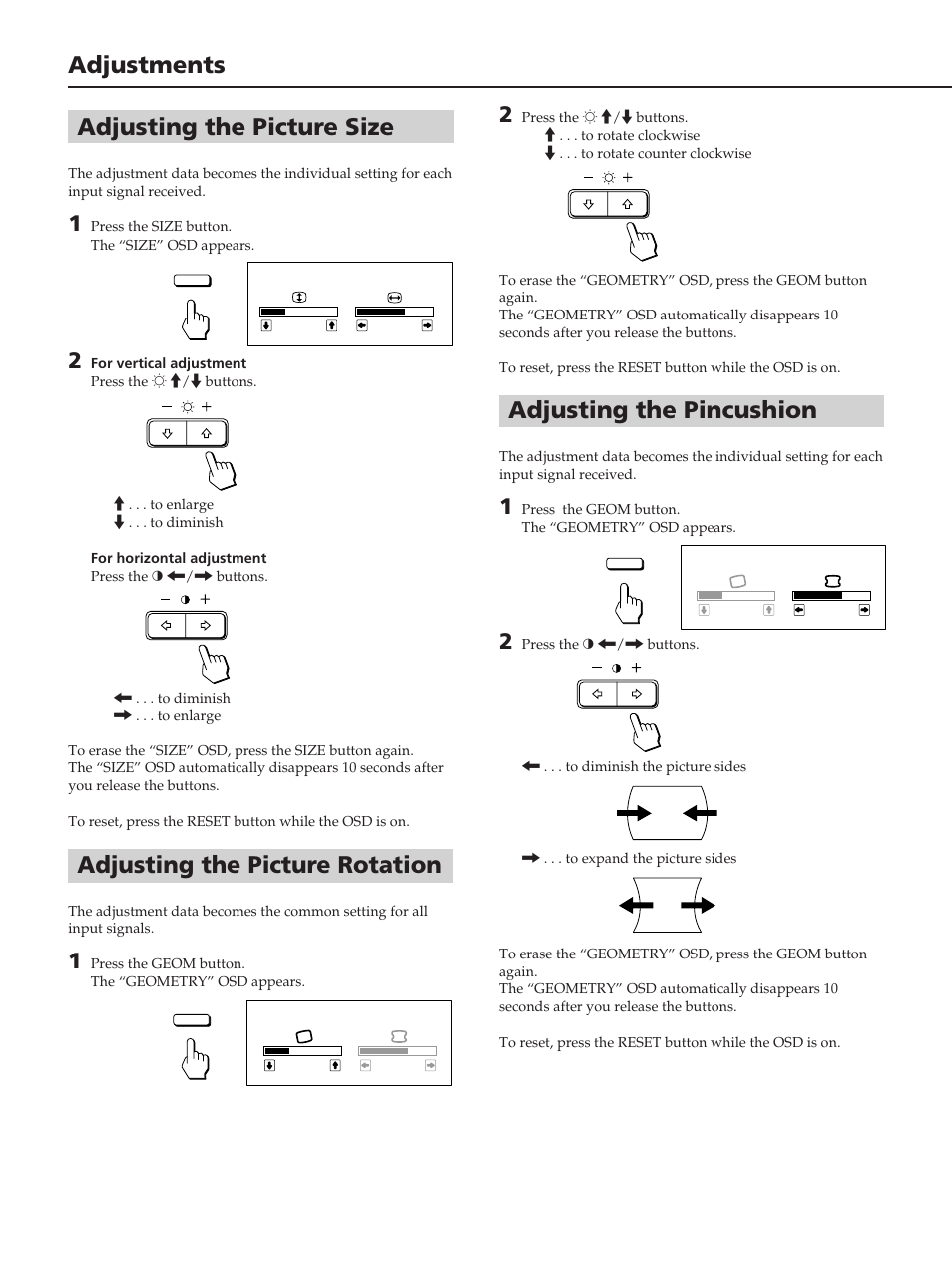 Adjusting the pincushion, Adjusting the picture rotation, Adjusting the picture size | Adjustments | Sony CPD-100ES User Manual | Page 6 / 44