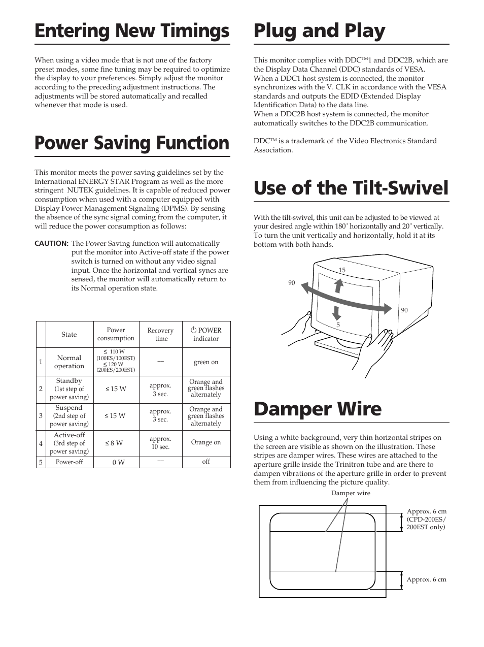 Entering new timings, Power saving function, Plug and play | Use of the tilt-swivel, Damper wire | Sony CPD-100ES User Manual | Page 8 / 44