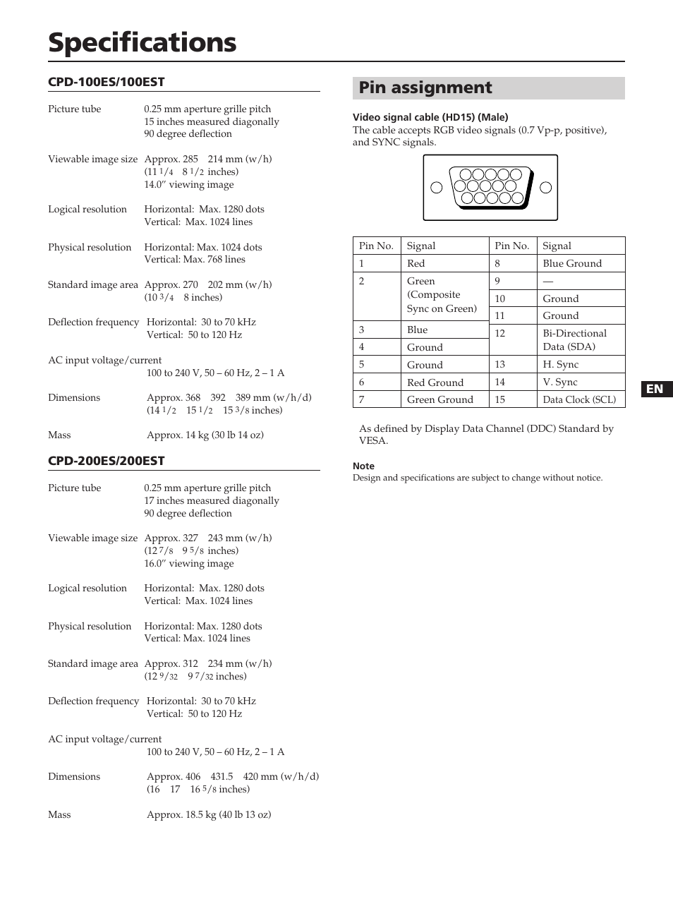 Specifications, Pin assignment | Sony CPD-100ES User Manual | Page 9 / 44