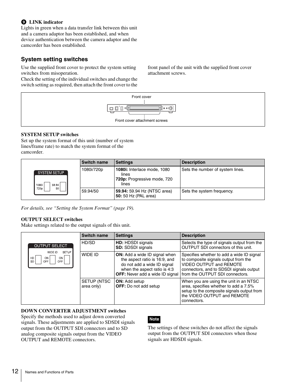 System setting switches | Sony XDCU-50 User Manual | Page 12 / 24