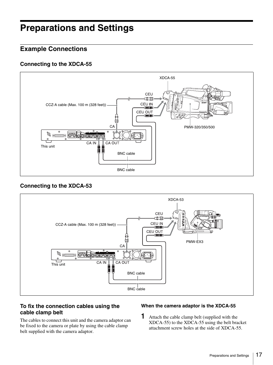 Preparations and settings, Example connections | Sony XDCU-50 User Manual | Page 17 / 24