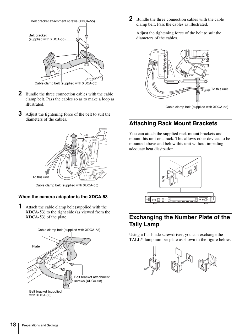 Attaching rack mount brackets, Exchanging the number plate of the tally lamp | Sony XDCU-50 User Manual | Page 18 / 24