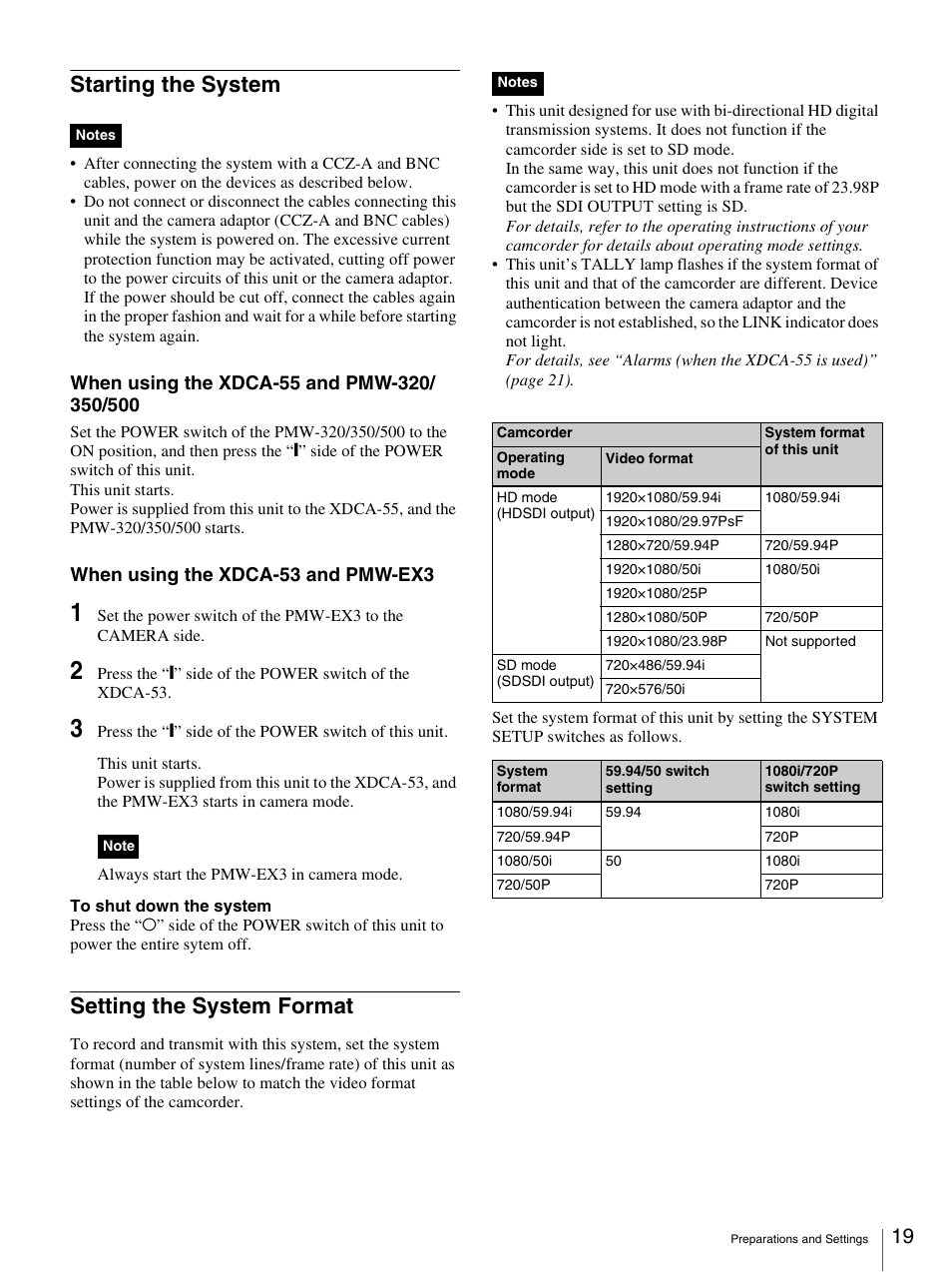 Starting the system, Setting the system format, Starting the system setting the system format | When using the xdca-53 and pmw-ex3 | Sony XDCU-50 User Manual | Page 19 / 24