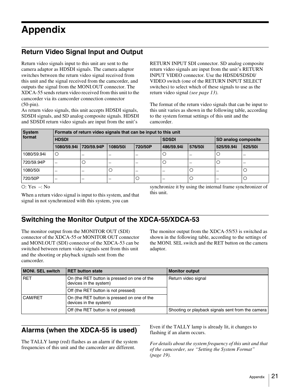 Appendix, Return video signal input and output, Alarms (when the xdca-55 is used) | Sony XDCU-50 User Manual | Page 21 / 24