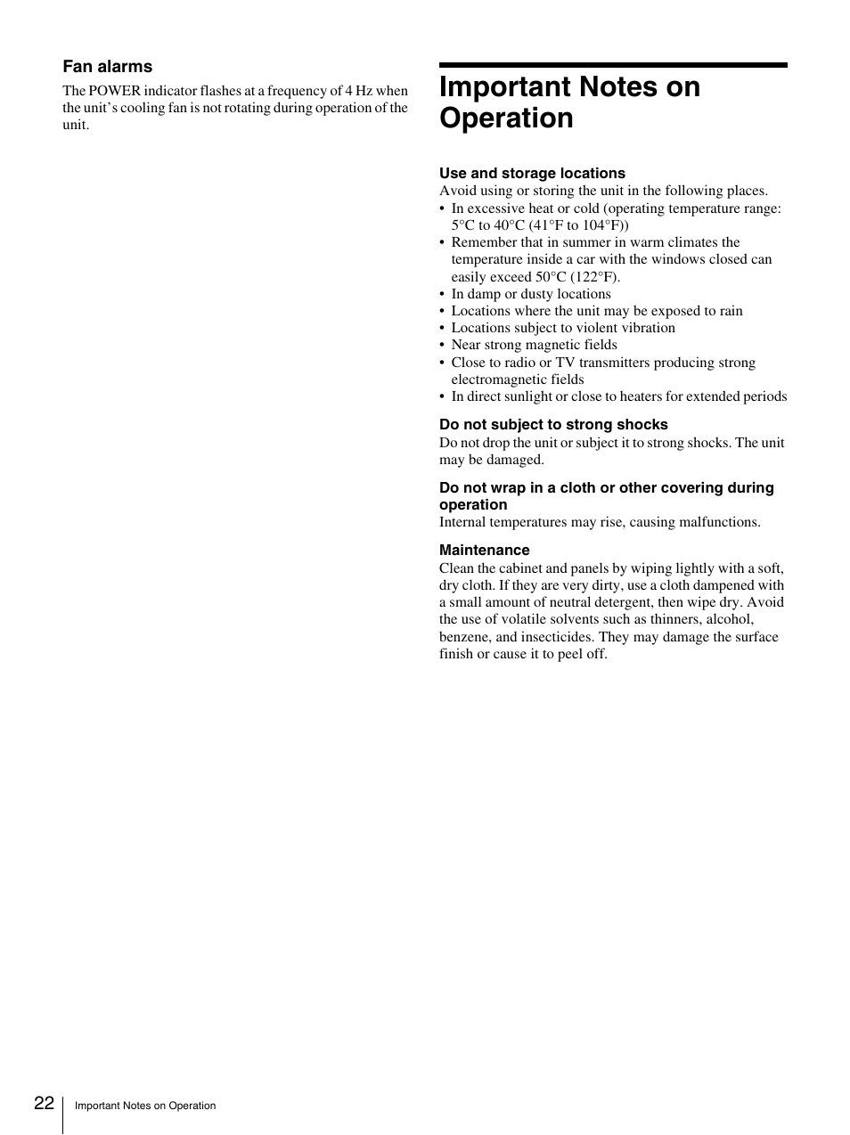 Important notes on operation | Sony XDCU-50 User Manual | Page 22 / 24
