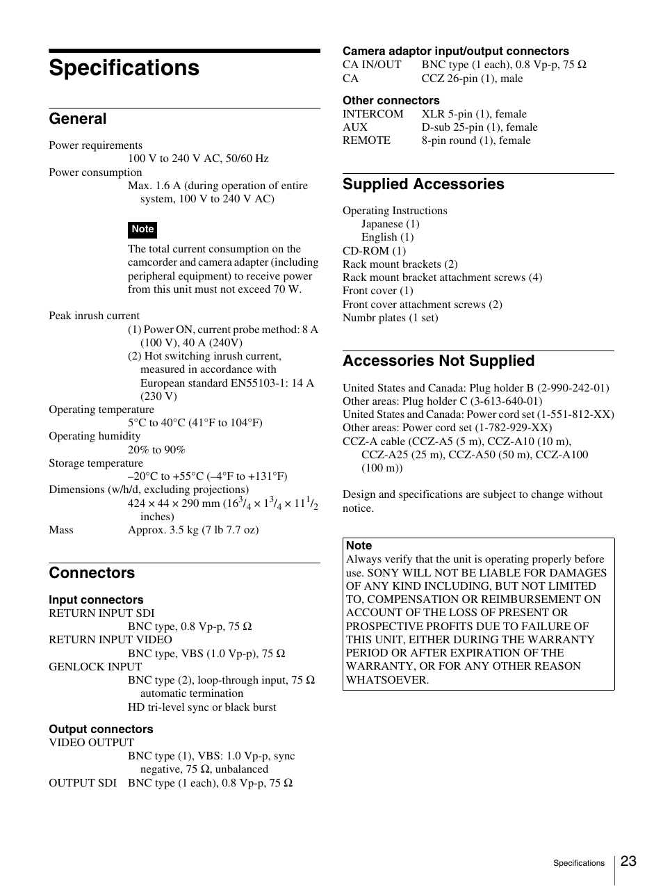 Specifications, General, Connectors | Supplied accessories, Accessories not supplied | Sony XDCU-50 User Manual | Page 23 / 24