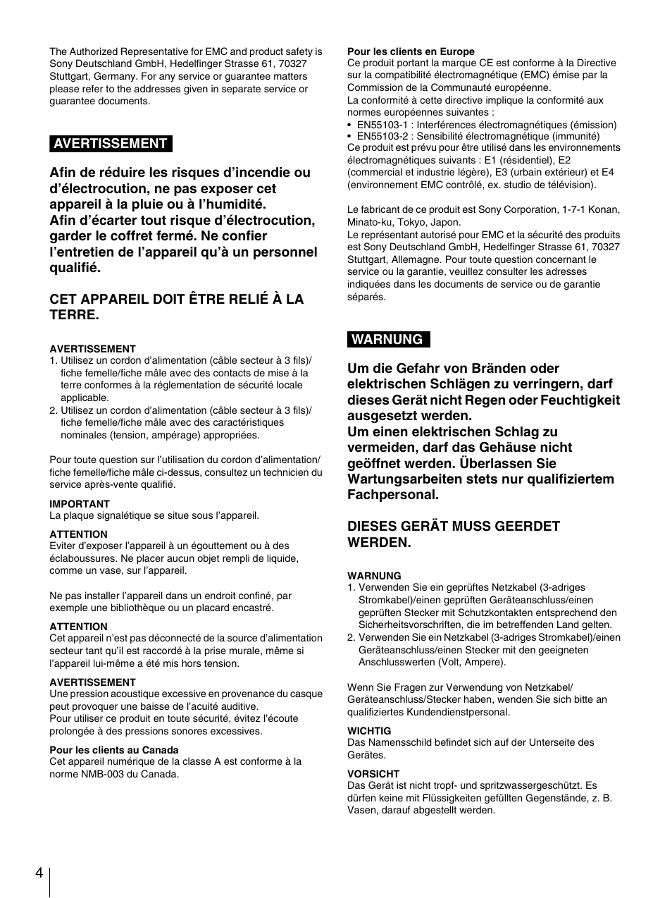 Avertissement warnung | Sony XDCU-50 User Manual | Page 4 / 24
