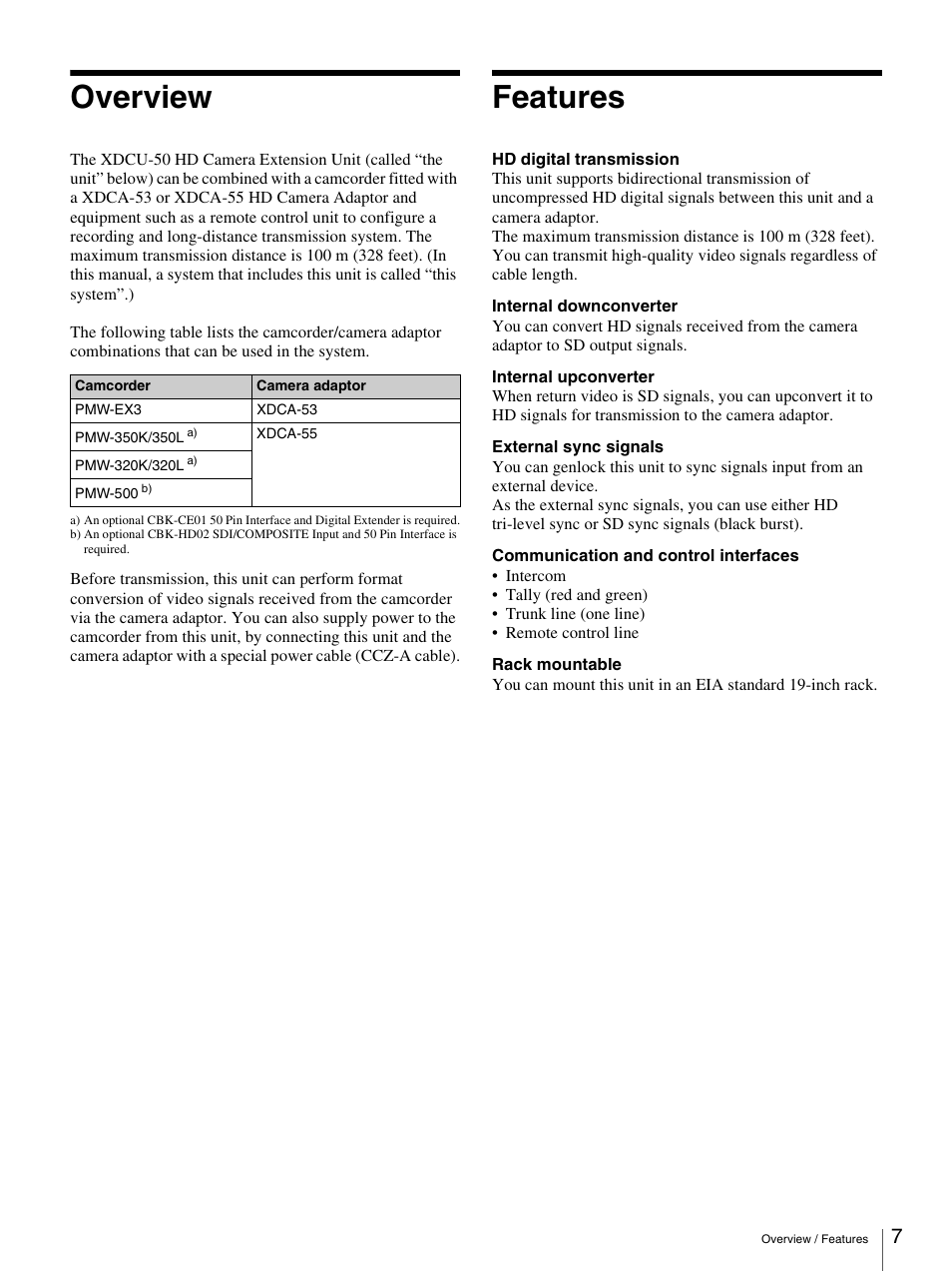 Overview, Features, Overview features | Sony XDCU-50 User Manual | Page 7 / 24