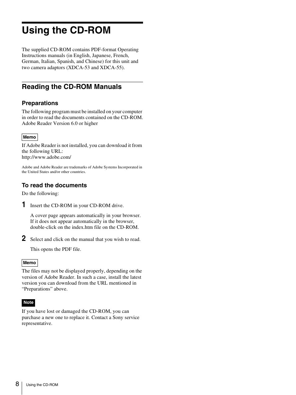 Using the cd-rom, Reading the cd-rom manuals | Sony XDCU-50 User Manual | Page 8 / 24